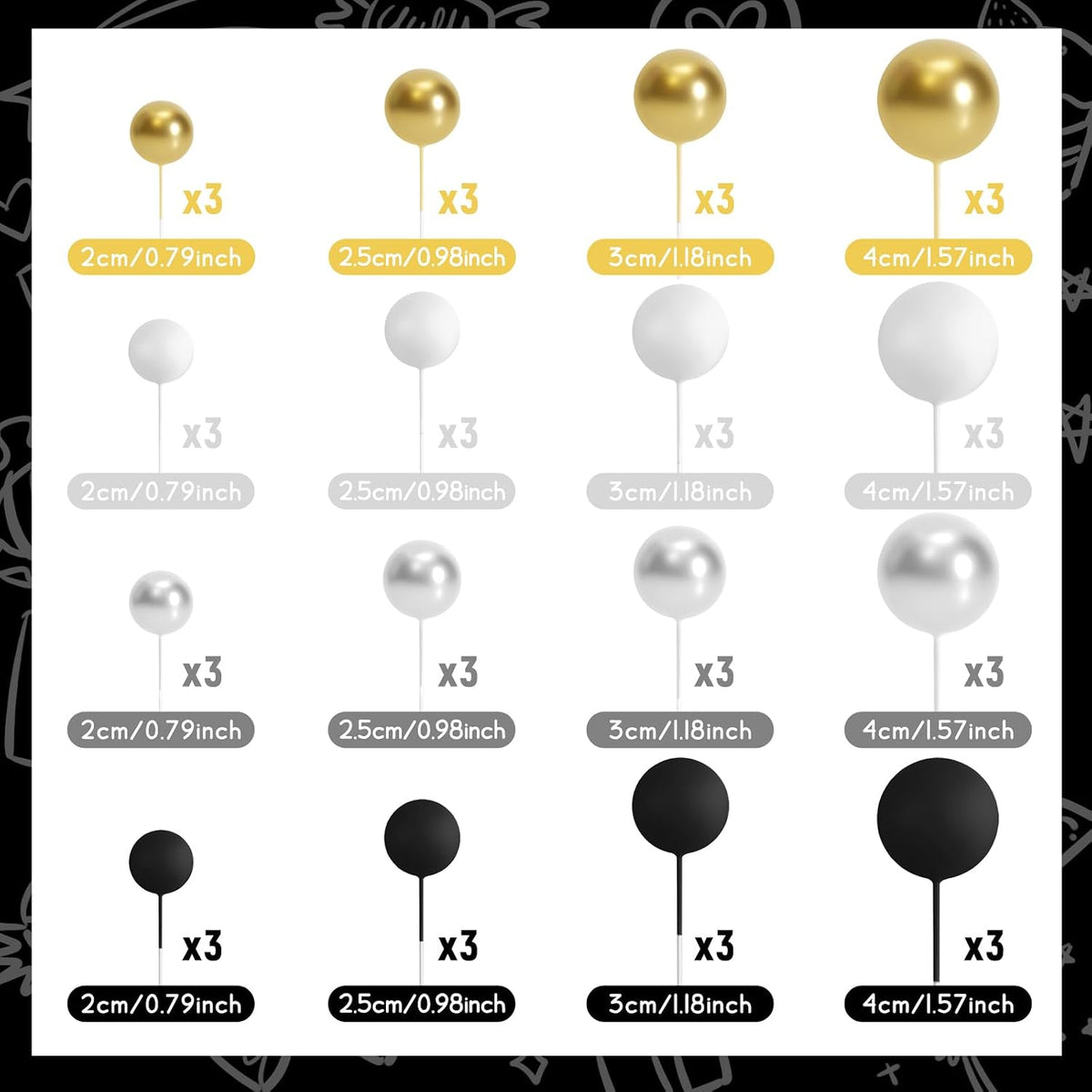 48 Pcs Balls Cake Topper Decorations Balloon Cupcake Toppers Foam - A01-black, Silver, White, Gold - image 2