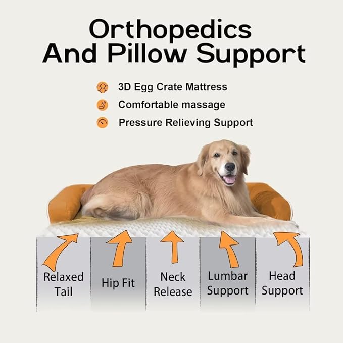 Large Dog Bed Orthopedic Washable, Orthopedic Dog Beds for Large Dogs with Washable Cover, Removable Bolster and Non-Slip Bottom Orange Dogs Beds, XL XLarge Extra Large Dogs