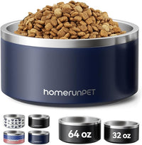 HomeRunPet Dog Bowls, Durable Dishwasher Safe Double Wall Metal Insulated Stainless Steel Food Water Bowls with Non-Slip Rubber Base, Ideal for Small Medium and Large Dogs (32oz, Navy)