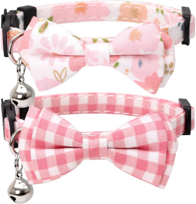 2 Pack Cat Collar Breakaway with Bow Tie and Bell Plaid Flower - Pink