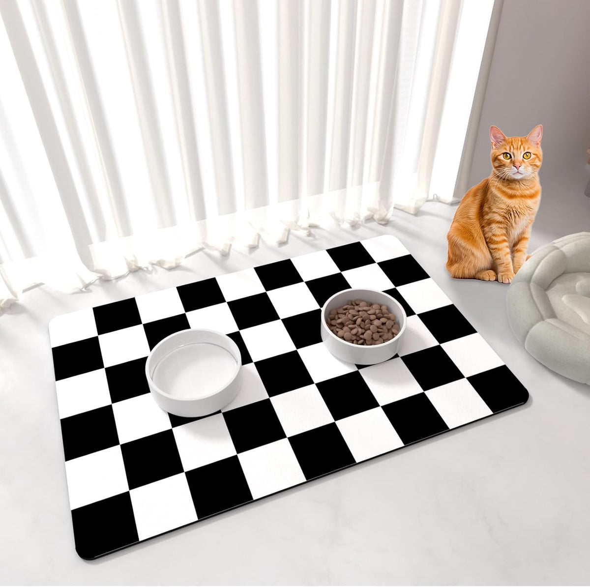 Cat Food Mat, 12"x 20" Cat Dog Mats for Food and Water Bowl - 16"L x 24"W / Black & White