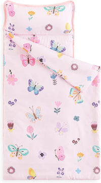 Wake In Cloud purple butterfly toddler nap mat with attached blanket and pillow