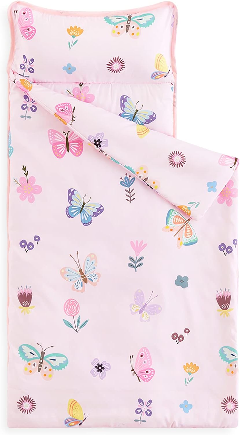 Wake In Cloud purple butterfly toddler nap mat with attached blanket and pillow