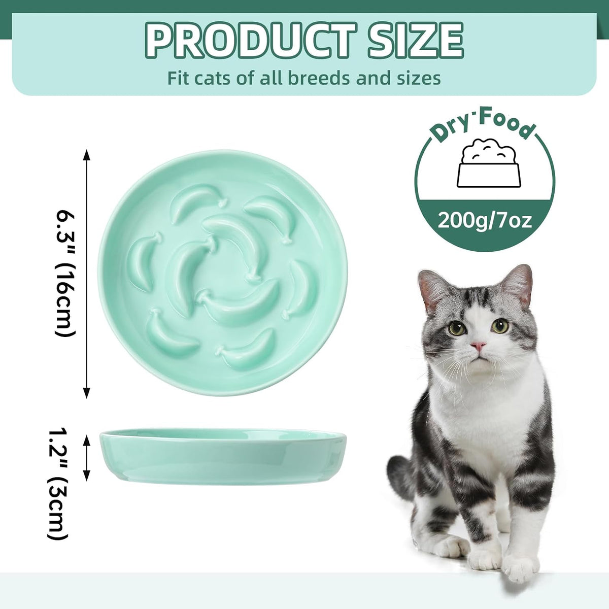 2 Pack Ceramic Cat Slow Feeder Bowl Set, 6.3" Wide - Blue and Green - image 2