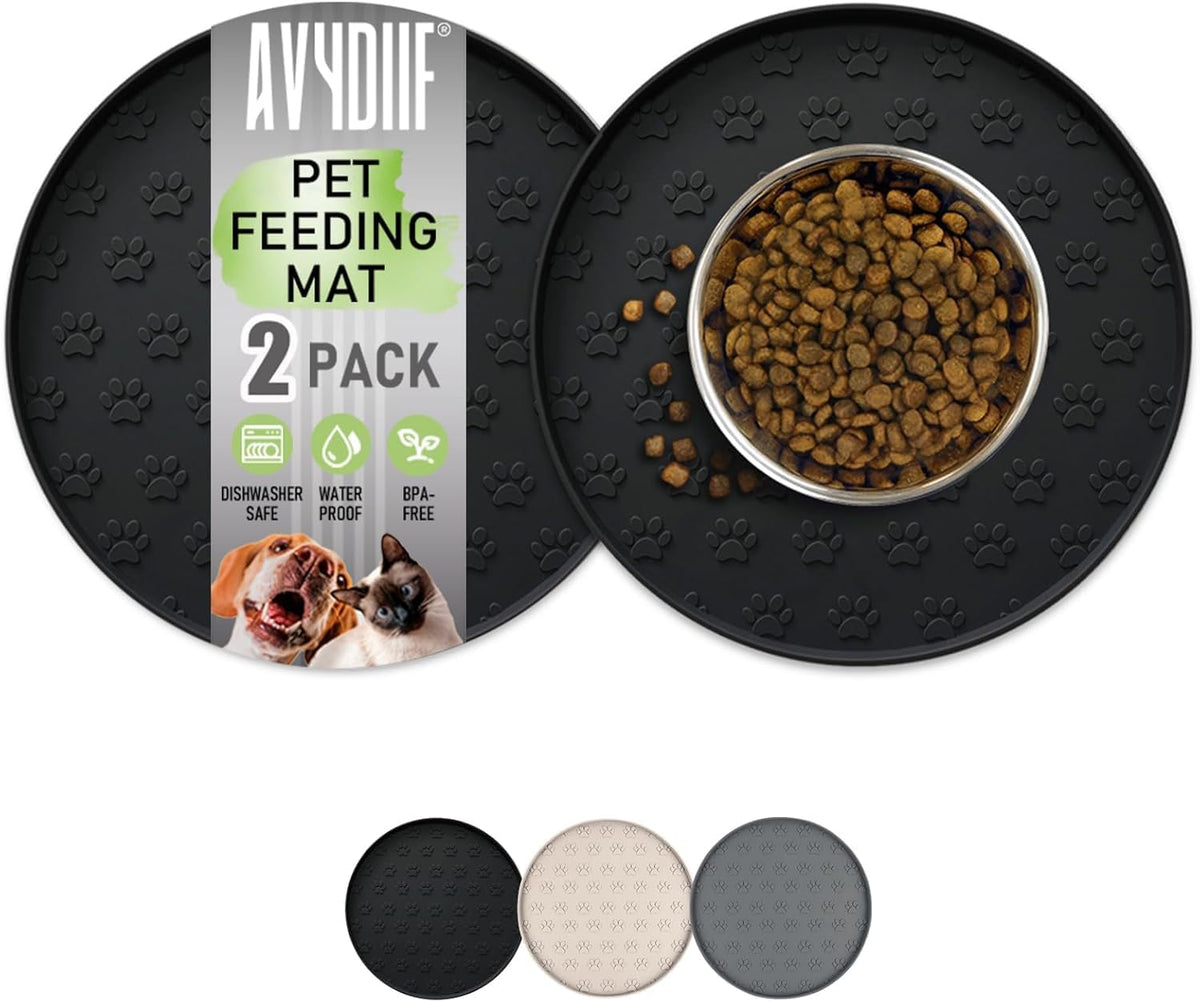 Pet Feeding Mat, Waterproof Anti-Slip Placemats for Dog Cat Bowl Silicone Pet Food Mat, Raised Edge - 2 Black / 10.9"L x 10.9"W