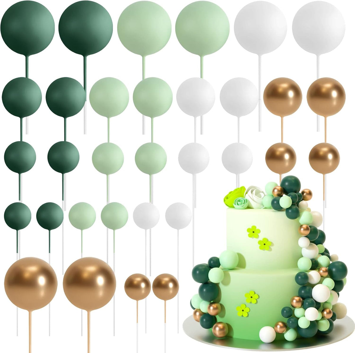 ASTARON 32 Pcs Foam Balls Cake Topper Decorations for Party Cake - Green，gold