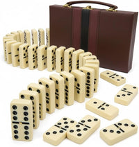 Jumbo Double Six Dominoes Set for Adults, Black Tiles - Double-6 | Jumbo White | Brown Case