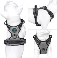 PHOEPET No Pull Dog Harness Reflective Adjustable with 2 Metal Leash Hooks and Soft Training Handle [Over The Head Design](S, Grey)