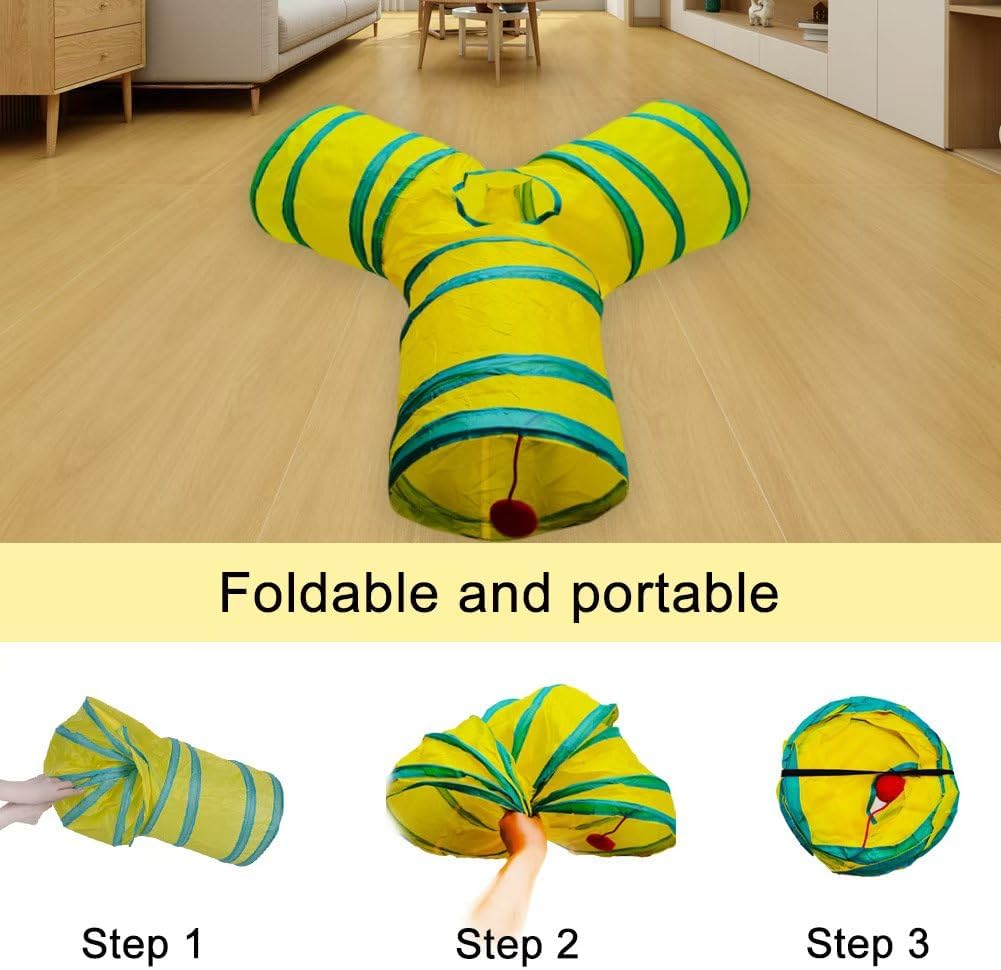 Cat Tunnel Tube Toys, 3 Ways Tunnels for Indoor Cats with Play Ball – Essentials for Cats - 3 Way Yellow Green - image 2