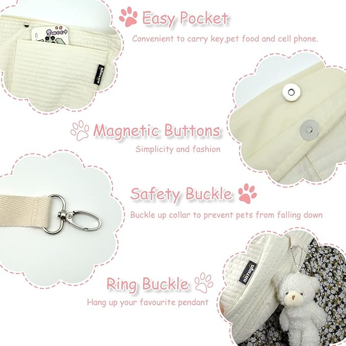 NATUYA Small Dog Carrier Sling Cat Sling,Adjustable Strap Hand Free Pet Puppy for Outdoor Traveling Subway (White, Canvas)