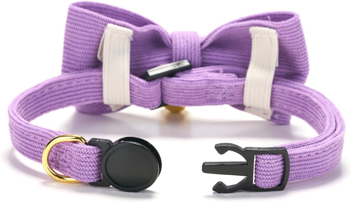 Breakaway Cat Collar with Bow Tie and Bell Adjustable Soft Corduroy - Small: Neck 7.5" - 11.0" / Purple - image 3
