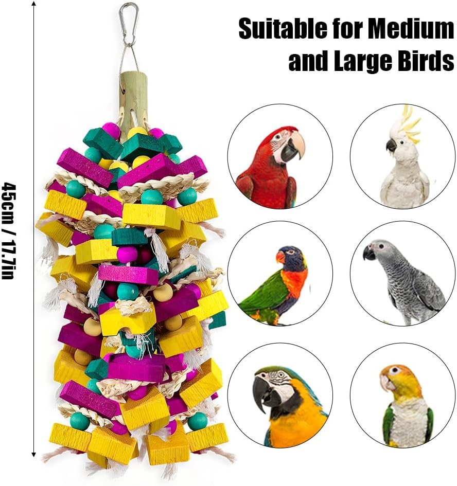 Large Bird Toys, Multi-Color Wooden Block with Bamboo Support Bird Chewing Toy Parrot Cage Bite Toy - image 2