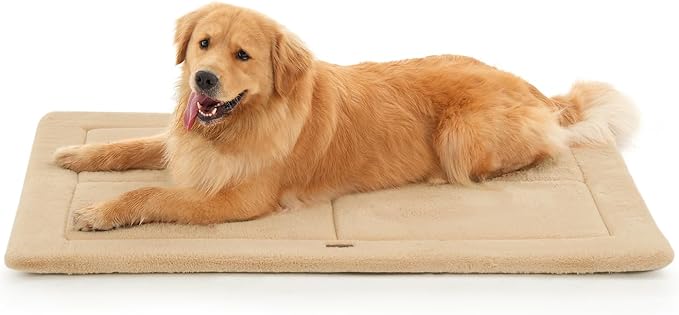 Made4Pets Dog Crate Pad Bed for Large Dogs, Washable & Reversible, Anti-Slip Kennel Mat for Cozy Sleeping, Soft Fluffy Dog Bed for Indoor & Outdoor Use, 44"x32", Khaki