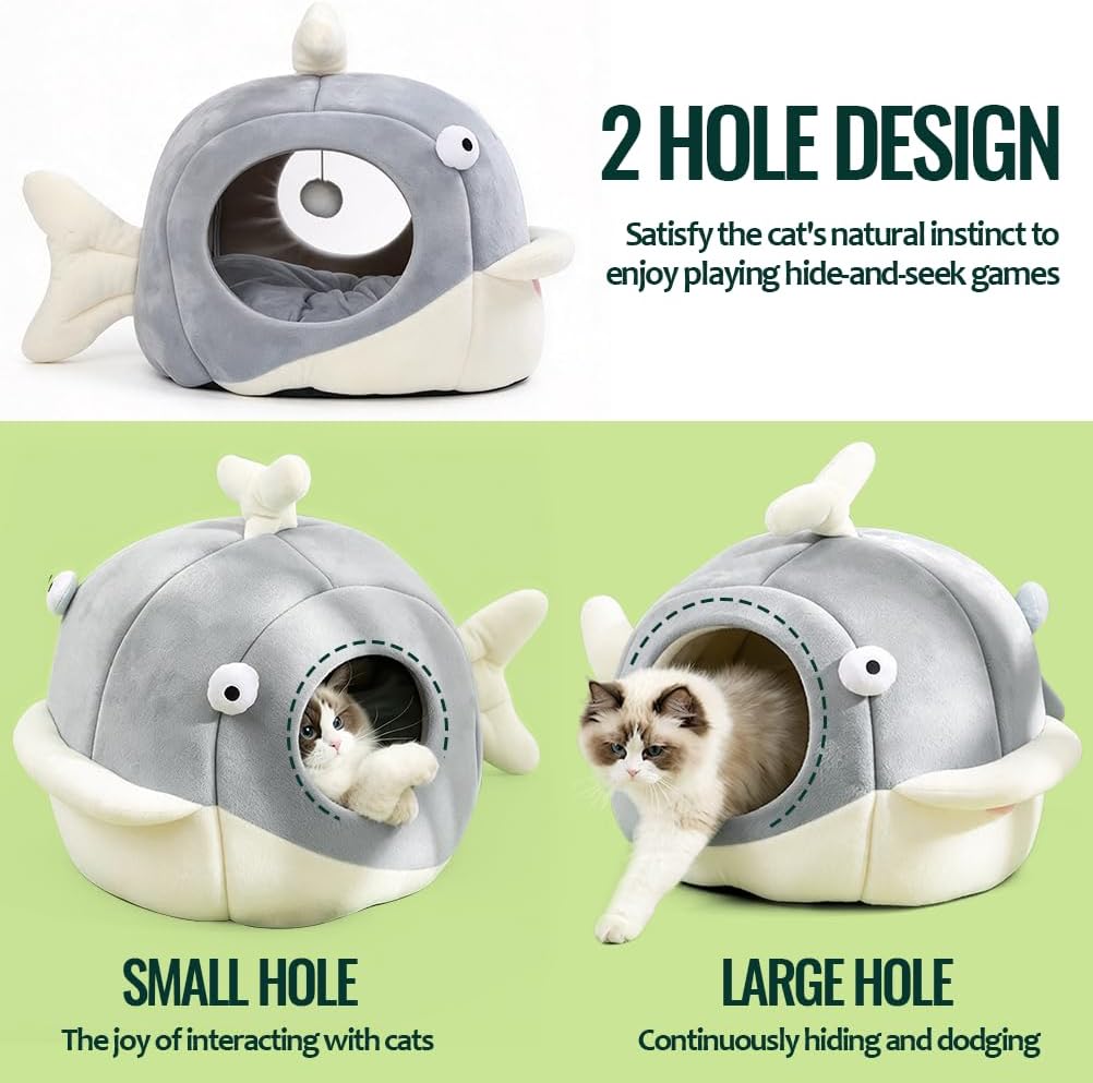 Cat Beds for Indoor Cats-Rabbit-Shaped Cat Cave Bed with Hanging Toy - Dolphin Gray / Dolphin / M - image 2