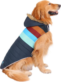 HDE Dog Puffer Jacket Fleece Lined Winter Coat & Harness Hole NVY - X-Large / Navy Retro Stripe
