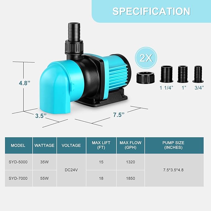 1320GPH Aquarium Return pump with LCD display controller, DC 24V 35W aquarium pump for saltwater freshwater aquarium,fish tank,sump,20 speeds ECO Quiet Submersible and inline pump
