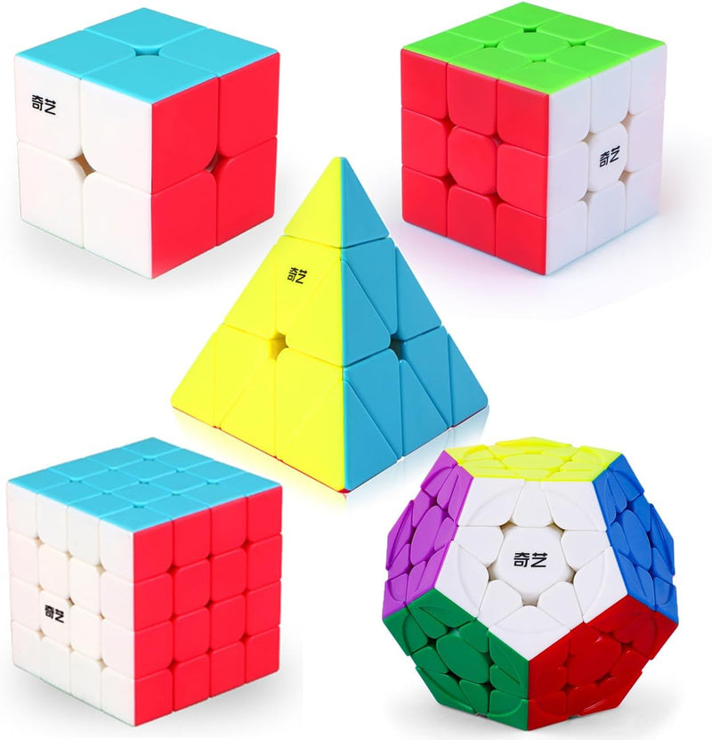 Speed Cube Set, ROXENDA 2x2 3x3 4x4 Megaminx Pyramid Puzzle Cube[5 Pack] – Fun for Kids & Family - 5 Pack Stickerless