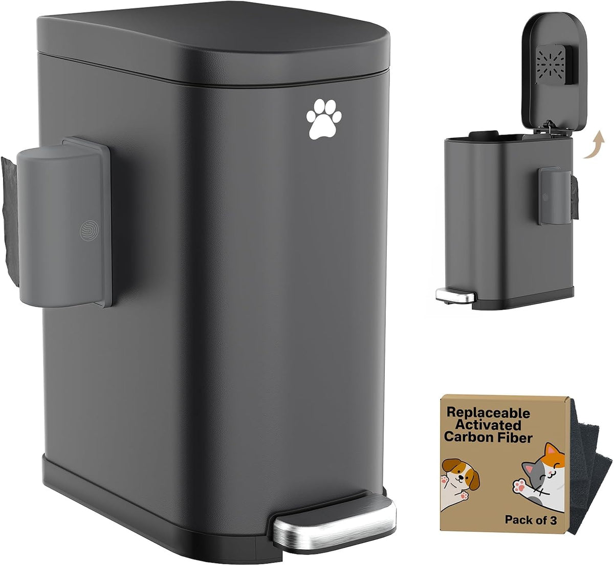 Dog Poop Trash Can Outside with Odor Control Lid & Step Pedal - Matte Black / Rectangular / Large