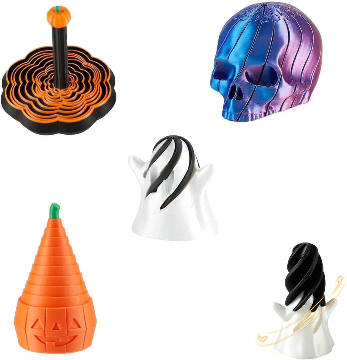 Four 3D printed Halloween spiral pumpkin passthrough fidget toys - view 3