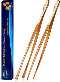 JETKONG 2 Pcs 16-Inch Extra-Large Kitchen Tweezers and Tongs - Giant Stainless Steel Food Tweezers - Rose Gold