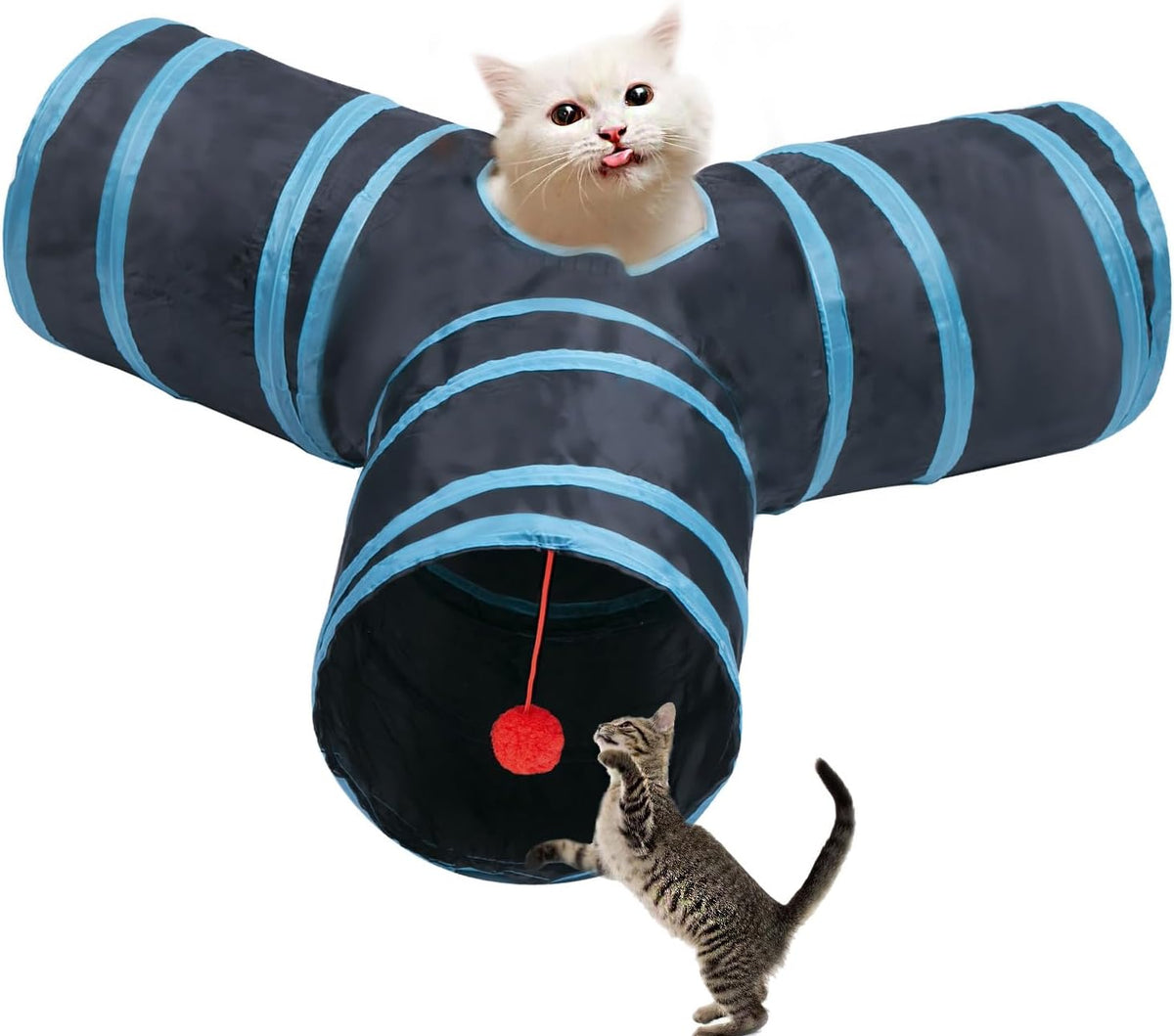 Cat Tunnel Tube Toys, 3 Ways Tunnels for Indoor Cats with Play Ball – Essentials for Cats - 3 Way Black Blue