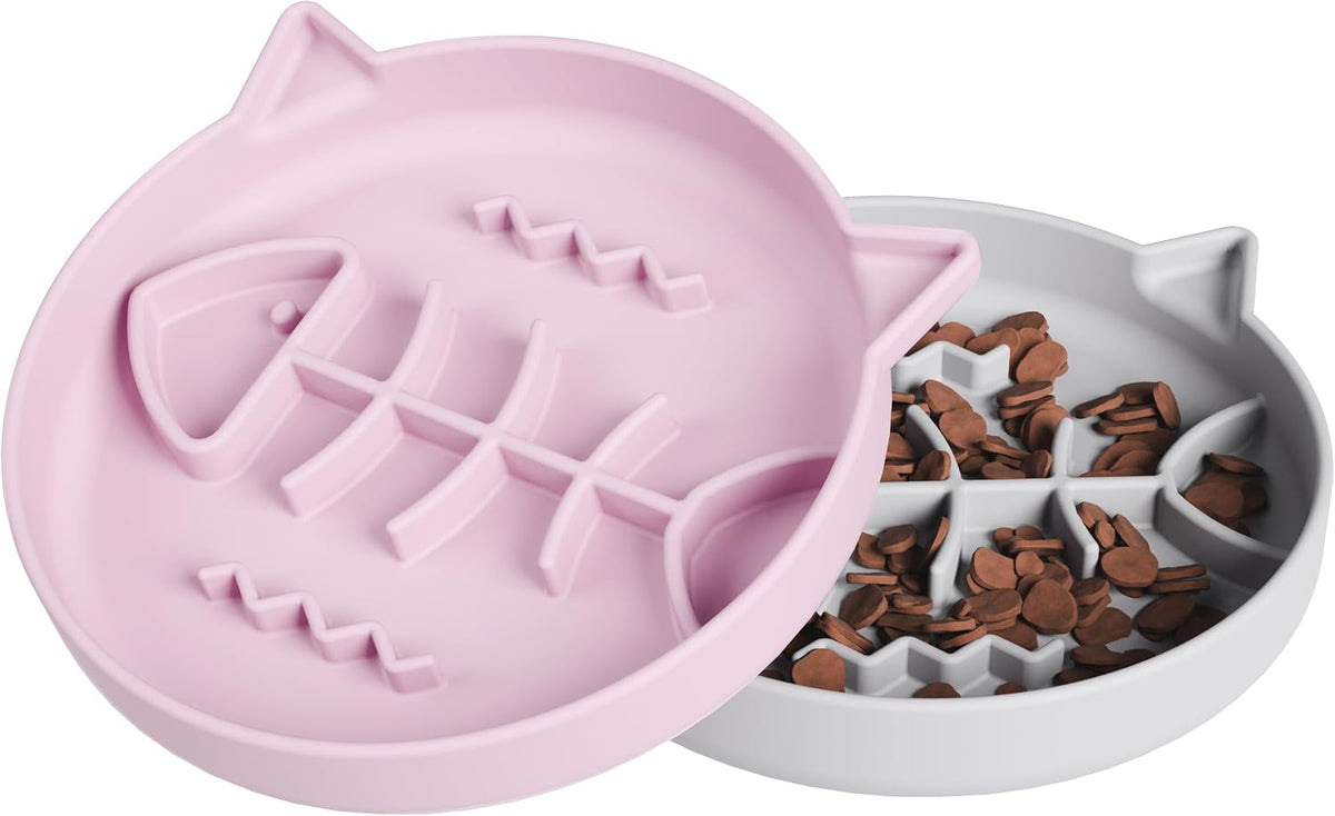 Silicone Cat Slow Feeder Bowl with Suction Cups - 1 CUP / Gray+Pink