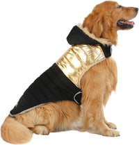 HDE Dog Puffer Jacket Fleece Lined Winter Coat & Harness Hole NVY - XX-Large / 90s Black and Gold Metallic
