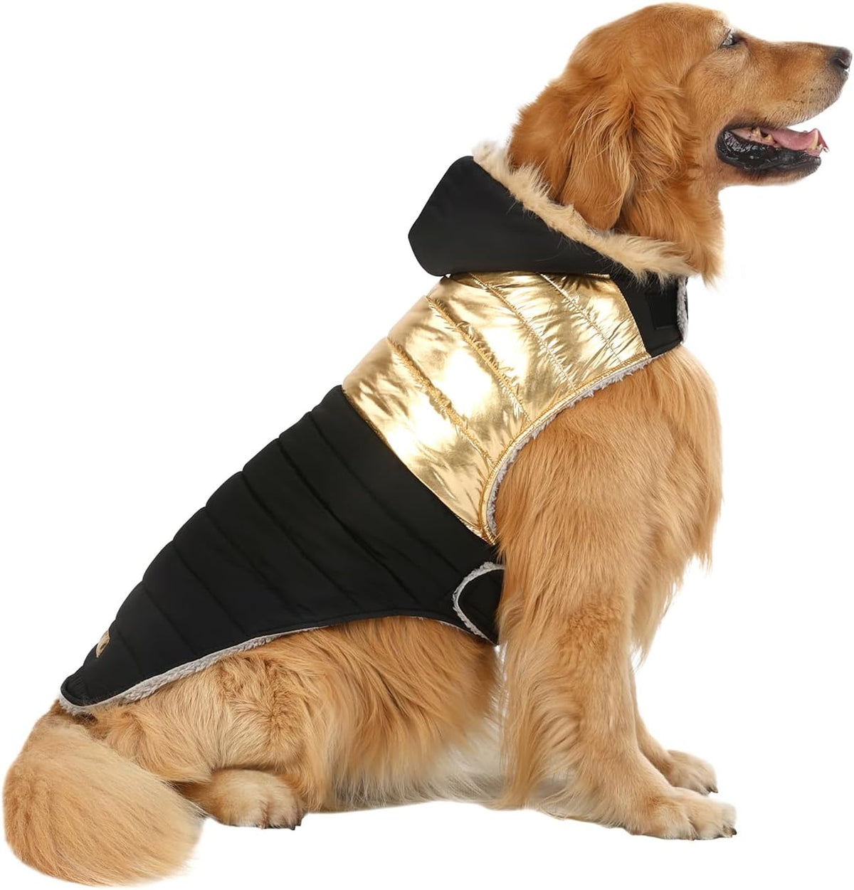 HDE Dog Puffer Jacket Fleece Lined Winter Coat & Harness Hole NVY - XX-Large / 90s Black and Gold Metallic