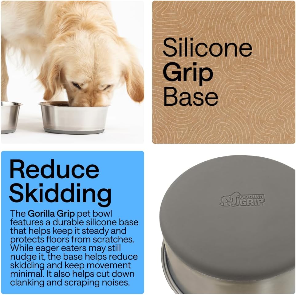 GORILLA GRIP Dog Bowl Set, Food Grade 304 Stainless Steel, 8 Cup - Gray / 4 Cup (Set of 2) - image 3