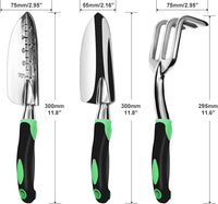 Garden Tool Set, 3 Pack Aluminum Heavy Duty Gardening Kit Includes Hand Trowel, Transplant Trowel and Cultivator Hand Rake with Soft Rubberized Non-Slip Ergonomic Handle, Garden Gifts