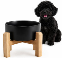 Elevated/Raised Ceramic Dog Bowl with Bamboo Stand，6 Inch 3.6 Cups - Black / Medium