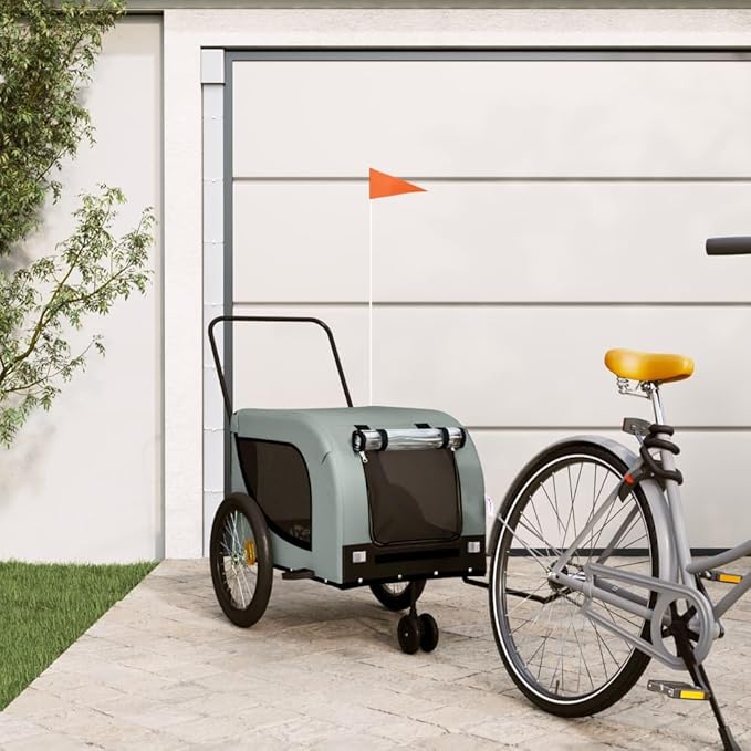 Tidyard Pet Bike Trailer Gray and Black Oxford Fabric and Iron Pet Bicycle Carrier, Animal Bike Stroller for Cat, Puppy, Dog, Outdoor, Travel Style A