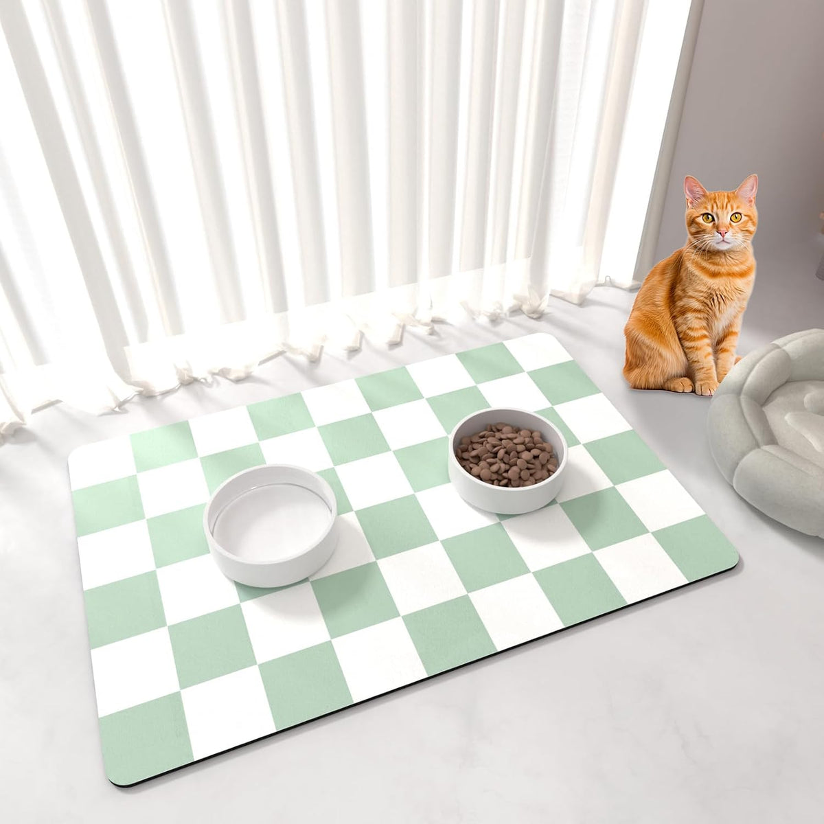 Cat Food Mat, 12"x 20" Cat Dog Mats for Food and Water Bowl - 16"L x 24"W / Green & White
