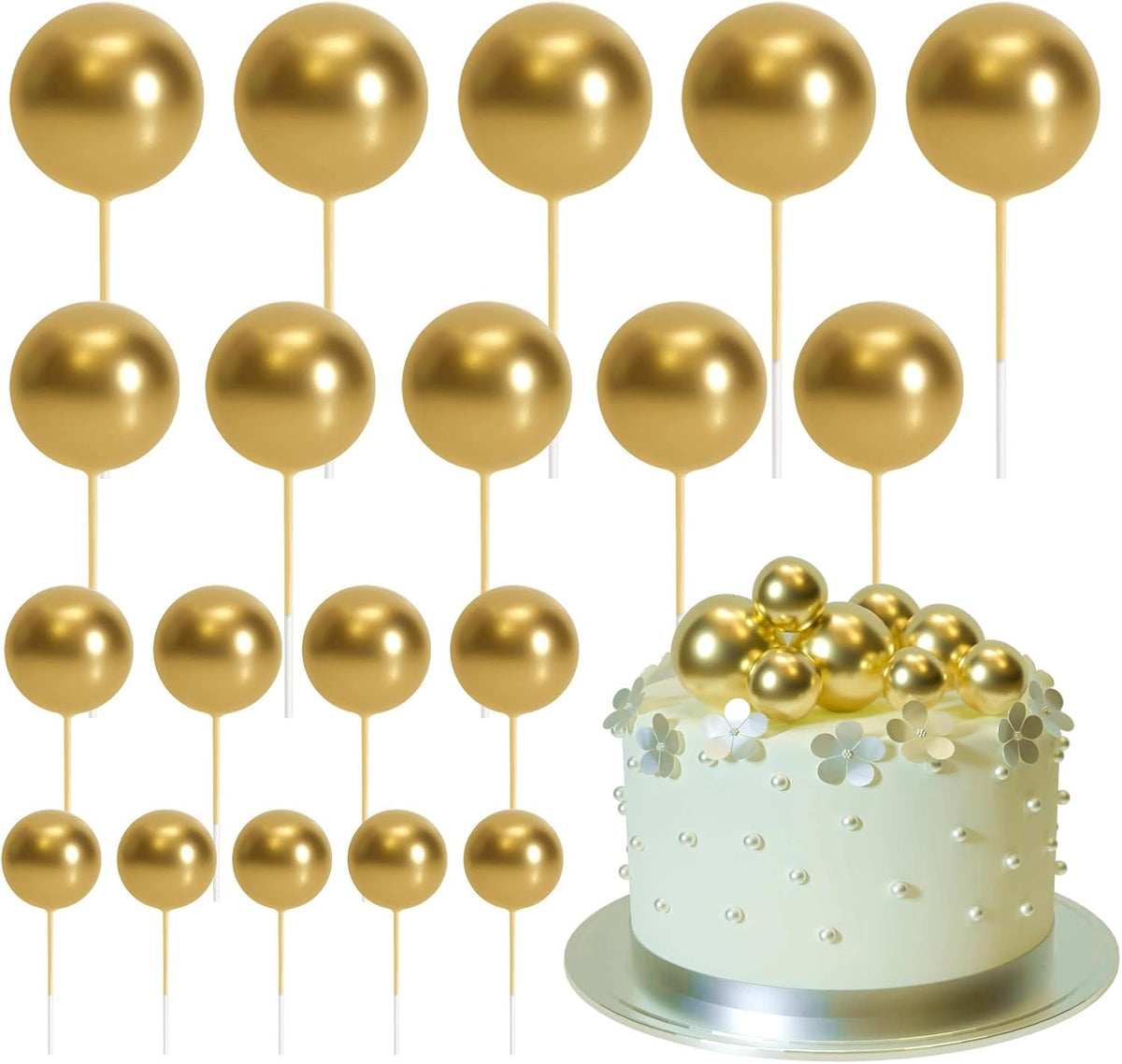ASTARON 20 Pcs Gold Balls Cake Topper Decorations for Birthday Cake - Gold