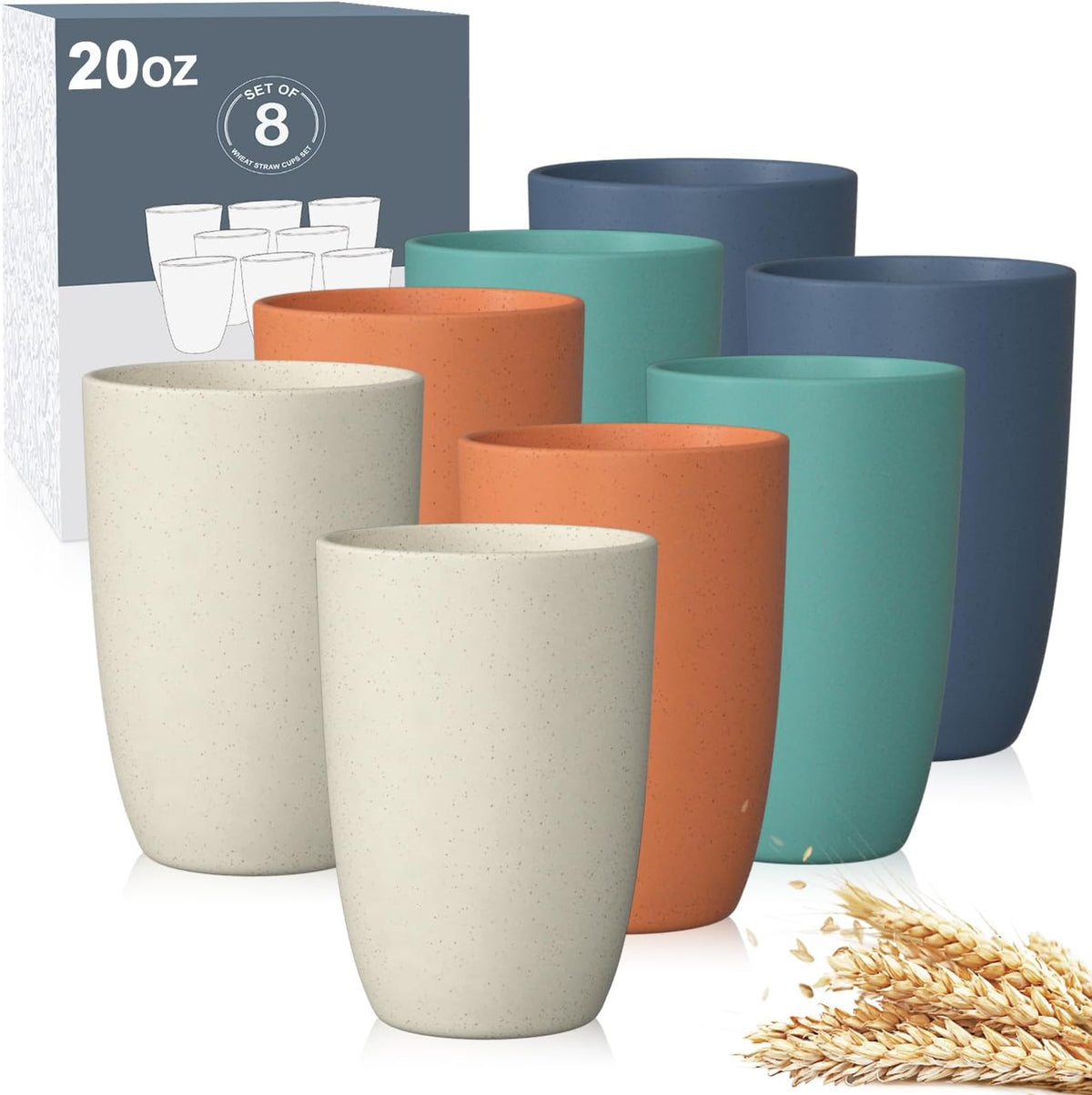 Wrova set of 8 black reusable wheat straw cups, 20 oz, stackable - view 3