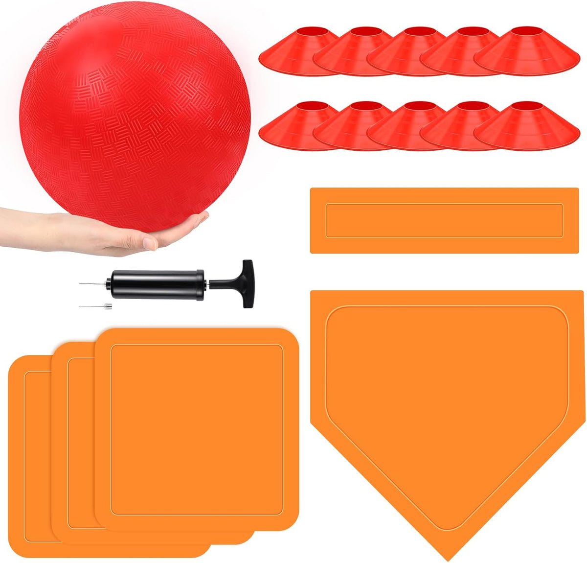 Hiboom kickball set with four 10 inch red balls, rubber bases and air pump - view 6