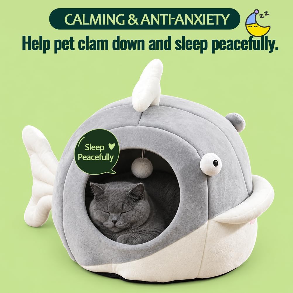 Cat Beds for Indoor Cats-Rabbit-Shaped Cat Cave Bed with Hanging Toy - Dolphin Gray / Dolphin / L - image 3