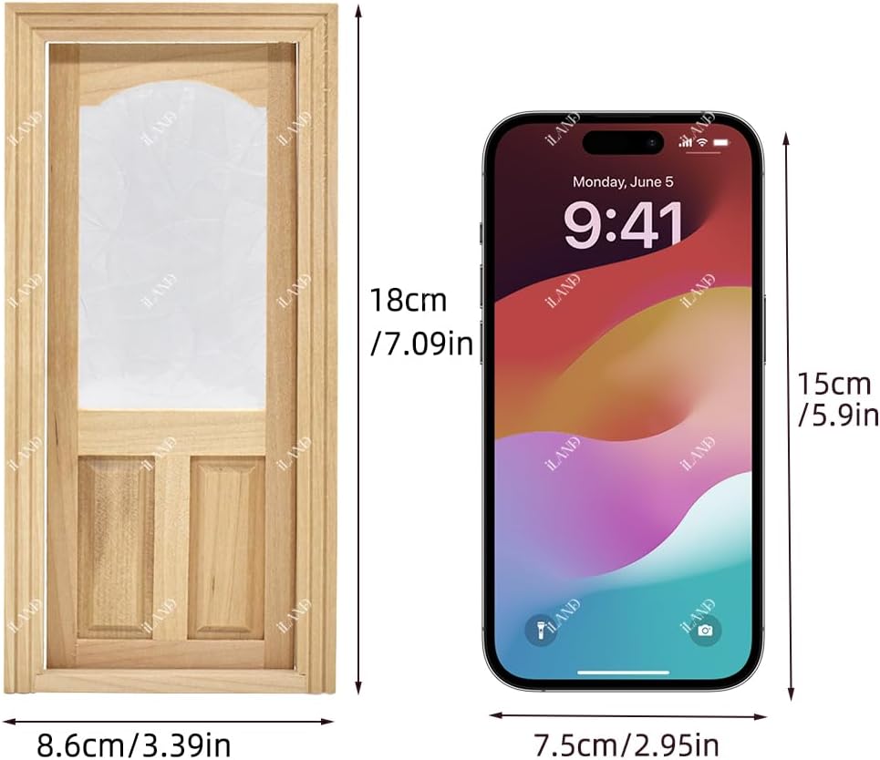 iLAND 1:12 scale unfinished wooden dollhouse door with 3D acrylic windowpane and gold handle - view 13