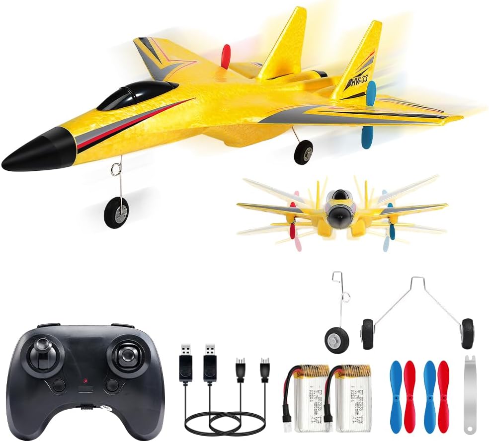 SU-27 RC Airplane,2.4GHz 2 Channel Remote Control Plane with Gyro Night Lights and 2 Batteries - Su27 Yellow
