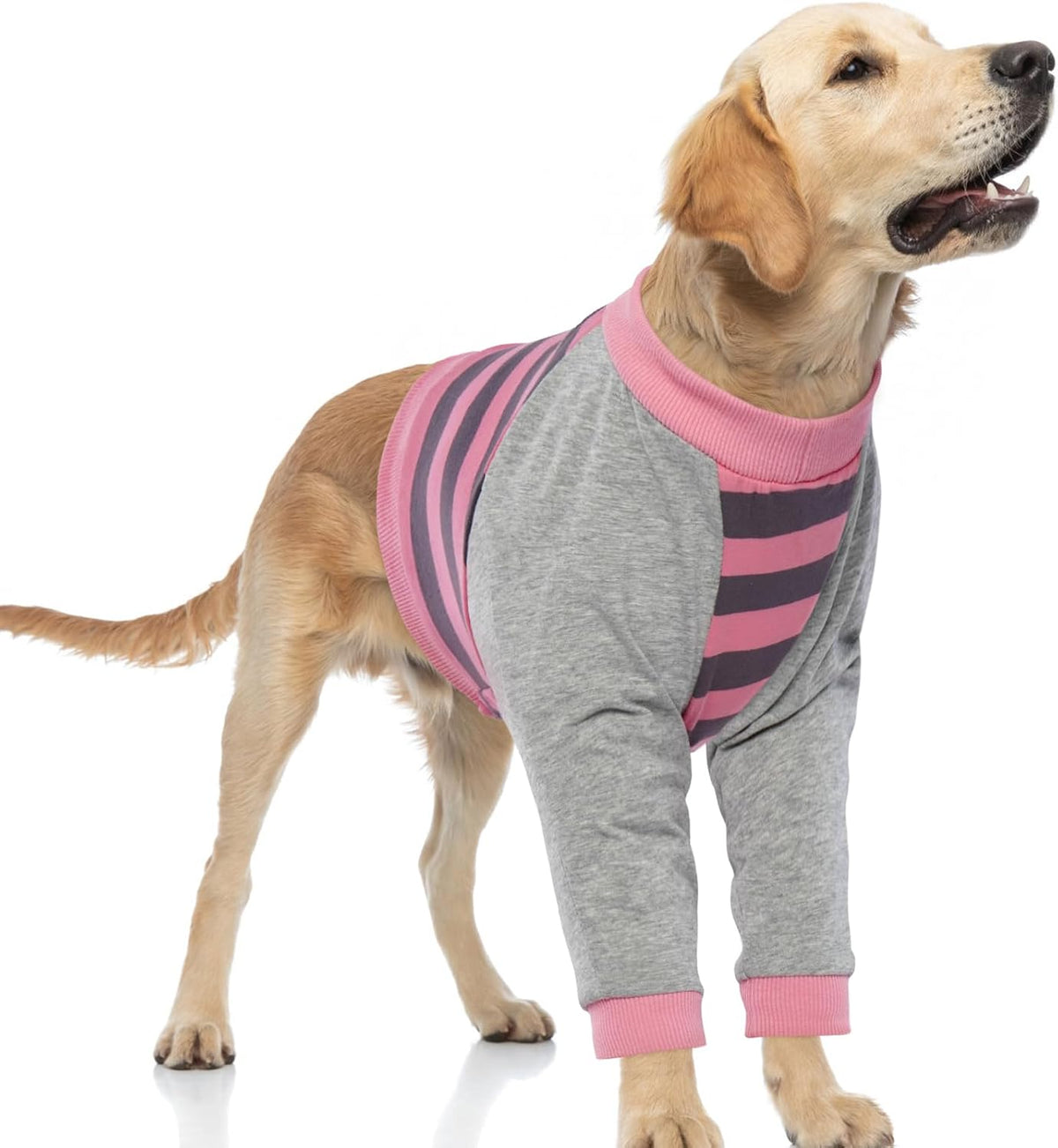 Dog recovery sleeve with thickened elbow protector in pink stripes, size L