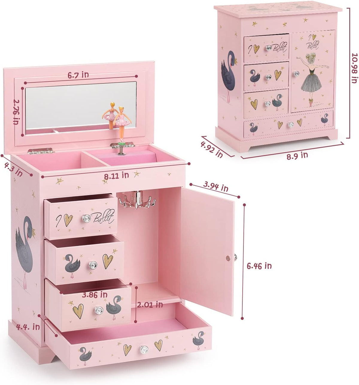 Jewelry Box for Girls 8.9 x 4.92 x 10.98 inch Large 5 Layer Music Box - Pink - image 3