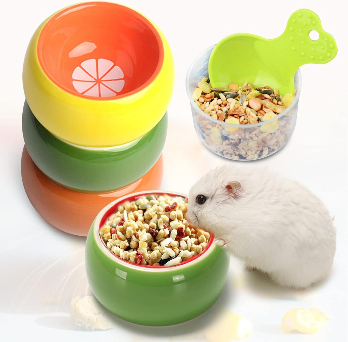 2 Pack Hamster Bowl Ceramic Prevent Chewing Feeding Bowl Water Food - Green Yellow Orange - image 2