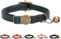 THAIN Leather Cat Collar with Bell Breakaway, Adjustable - Dark Green