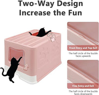 XL Foldable Cat Litter Box with Lid - Jumbo Enclosed Potty - Top Entry Anti-Splashing Toilet - Includes Scoop & 2-in-1 Cleaning Brush (Pink)