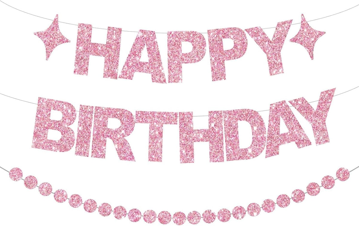 BEISHIDA Pre-Strung Glitter Pink Happy Birthday Banner Party Sign - Pink