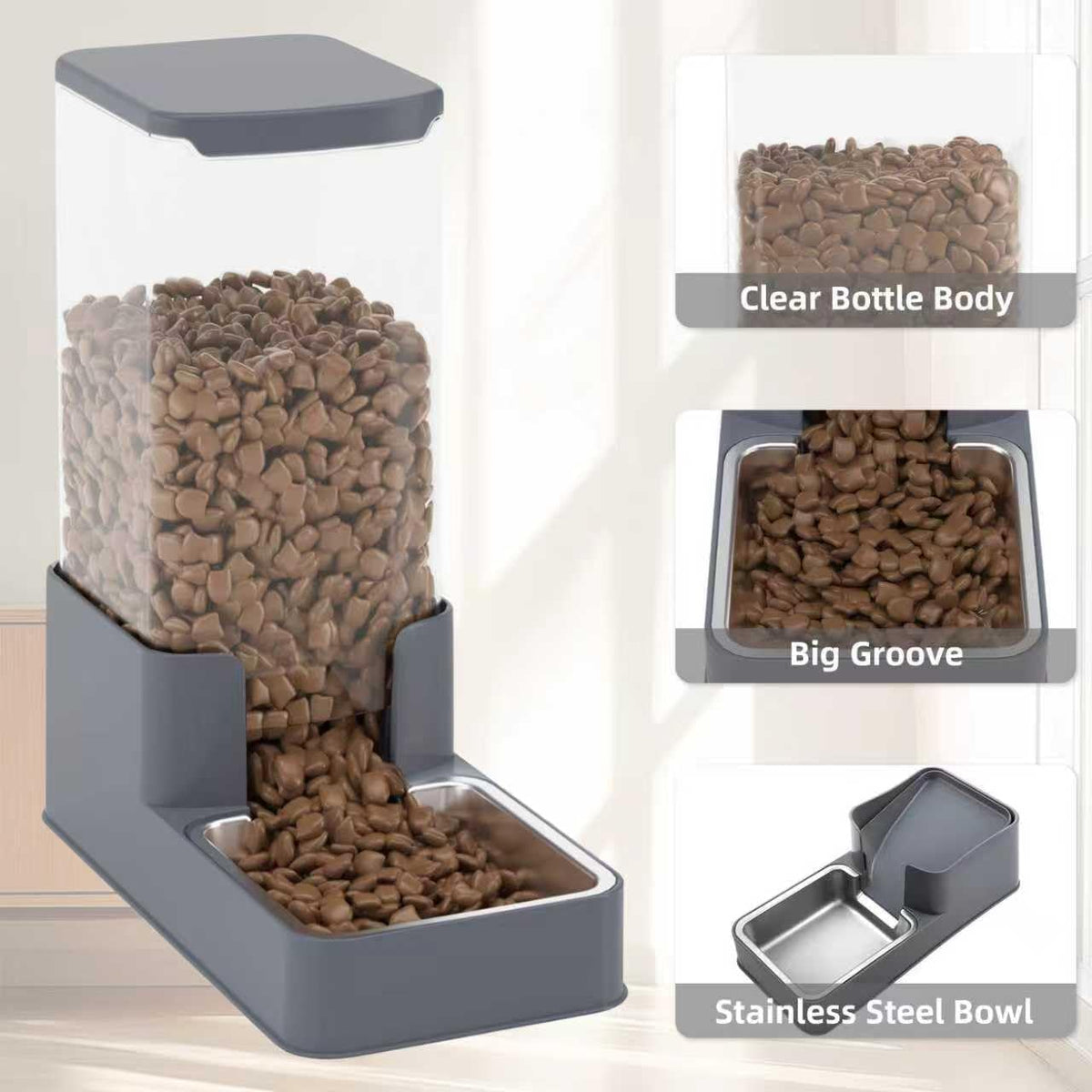 Automatic Cat Feeder and Water Dispenser in Set with Pet Food Bowl - 3.8L Stainless Steel(Grey) - image 4