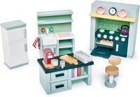 Tender Leaf Toys wooden dollhouse furniture nursery set with cot, high chair, pram and baby - view 3
