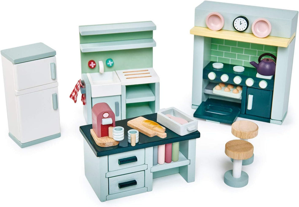 Tender Leaf Toys wooden dollhouse furniture nursery set with cot, high chair, pram and baby - view 3