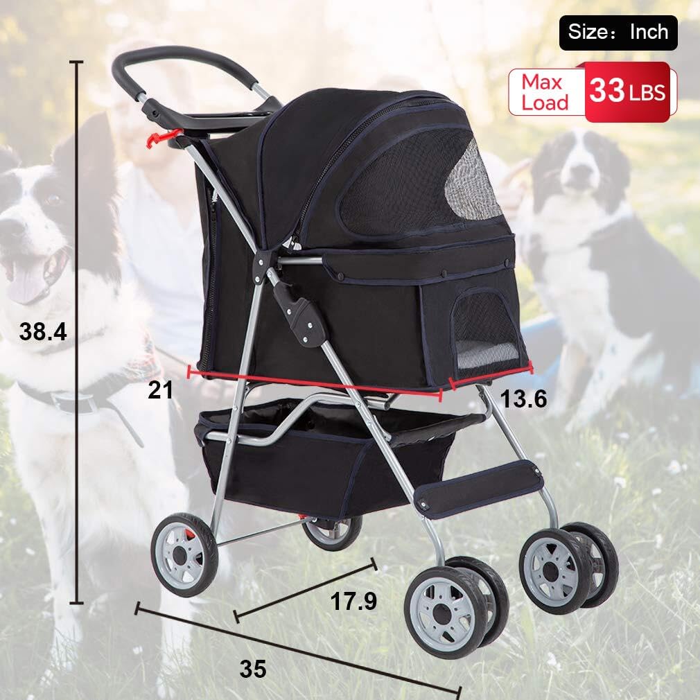BestPet, 4-Wheel Foldable Pet Stroller, Lightweight & Portable - Black / 4 Wheels - image 3