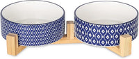 Selamica Ceramic 14 OZ Dog Bowls with Wooden Stand, Anti-Slip Dog Dishes Set for Cats & Small Dogs, Weighted Pet Bowls Set of 2, Vintage Blue
